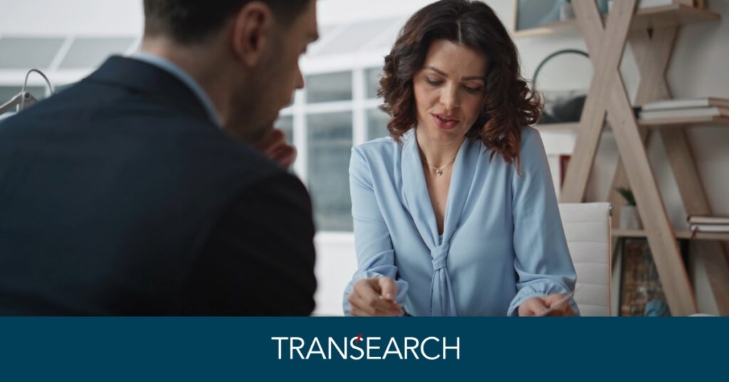 Meeting with a recruiter discussing key skills for a leadership role